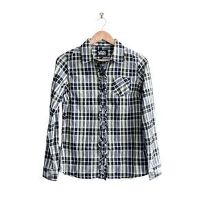 Vans Womens Button Down Shirt Ruffled Sparkle Plaid Yellow Black Medium NWT